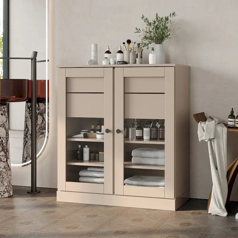 Mobile da bagno in legno massello da 32" — Ante in vetro trasparente, 2 cassetti e ripiani regolabili, colori multipli