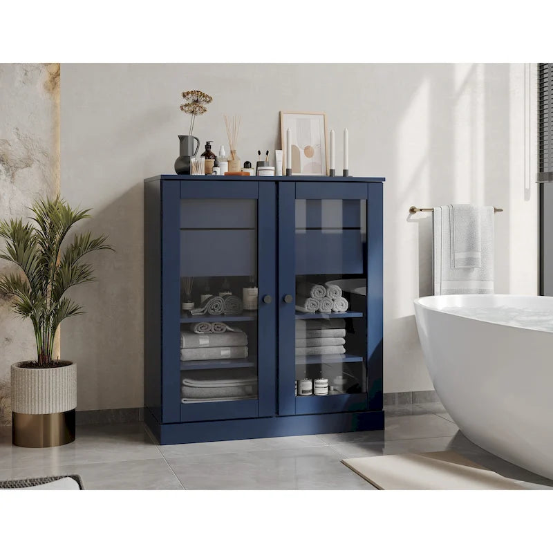 Mobile da bagno in legno massello da 32" — Ante in vetro trasparente, 2 cassetti e ripiani regolabili, colori multipli