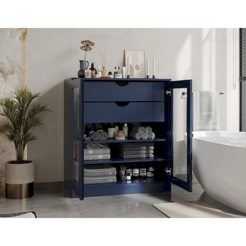 Mobile da bagno in legno massello da 32" — Ante in vetro trasparente, 2 cassetti e ripiani regolabili, colori multipli