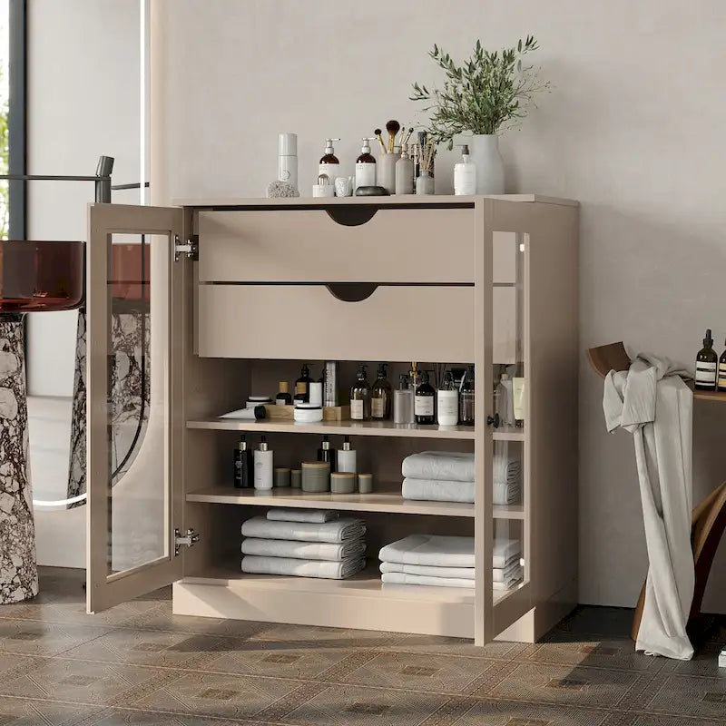 Mobile da bagno in legno massello da 32" — Ante in vetro trasparente, 2 cassetti e ripiani regolabili, colori multipli