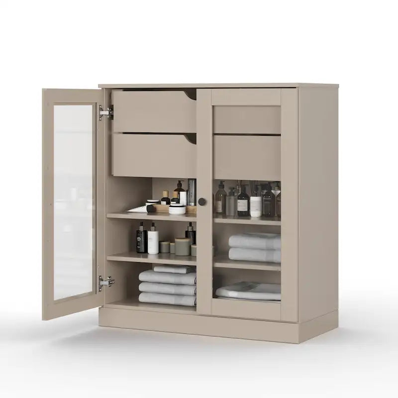 Mobile da bagno in legno massello da 32" — Ante in vetro trasparente, 2 cassetti e ripiani regolabili, colori multipli