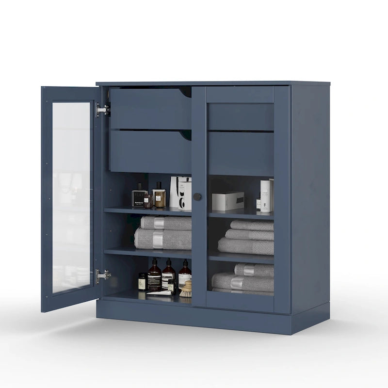 Mobile da bagno in legno massello da 32" — Ante in vetro trasparente, 2 cassetti e ripiani regolabili, colori multipli