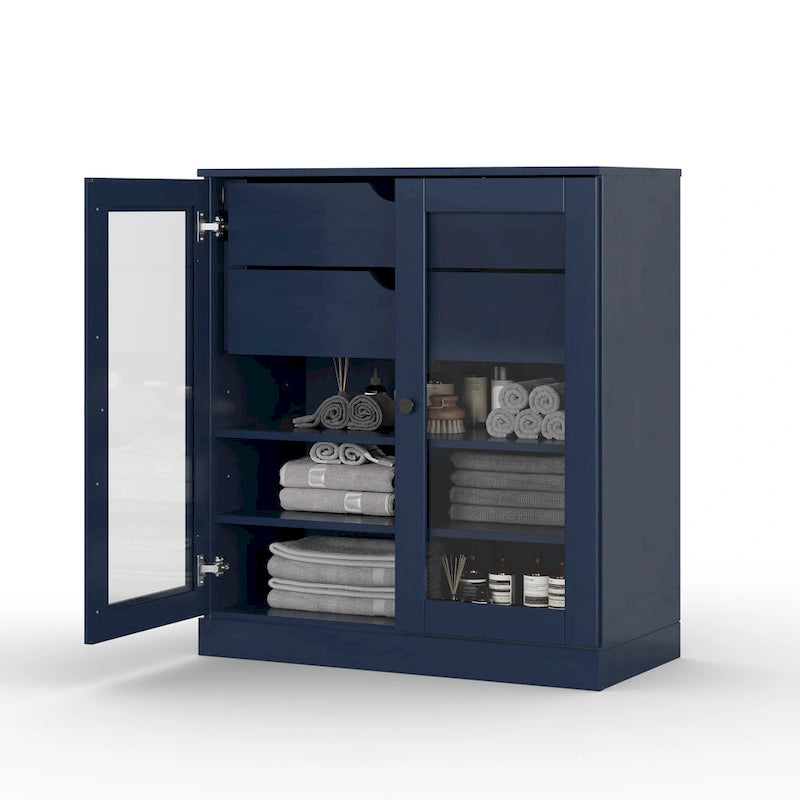 Mobile da bagno in legno massello da 32" — Ante in vetro trasparente, 2 cassetti e ripiani regolabili, colori multipli