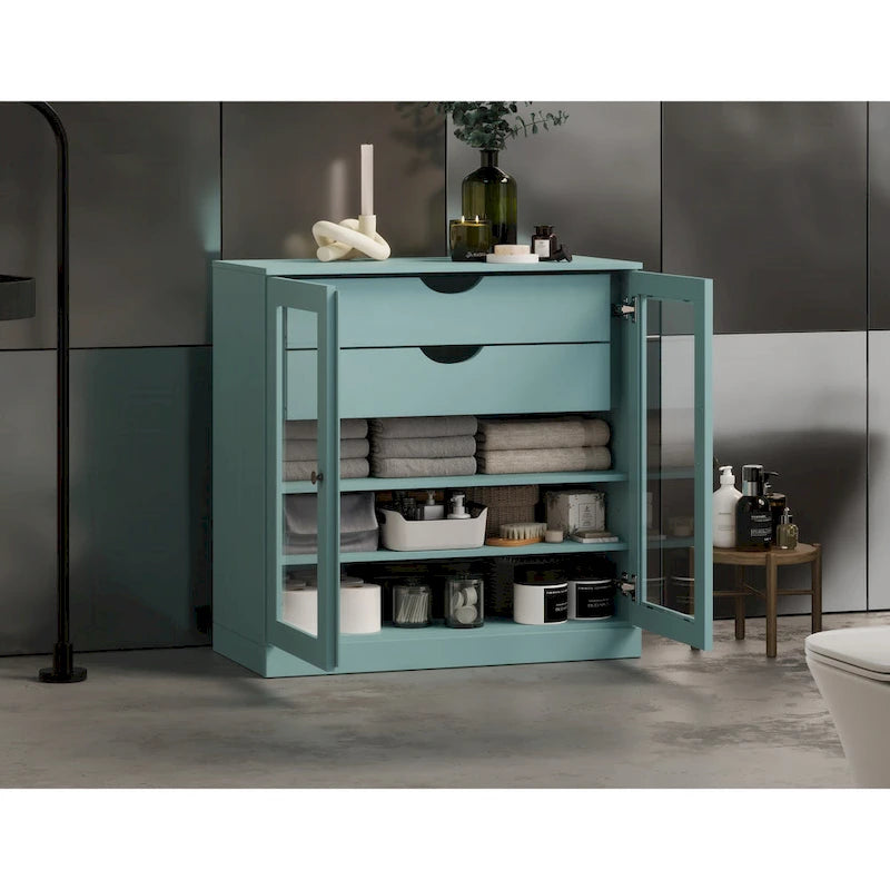 Mobile da bagno in legno massello da 32" — Ante in vetro trasparente, 2 cassetti e ripiani regolabili, colori multipli