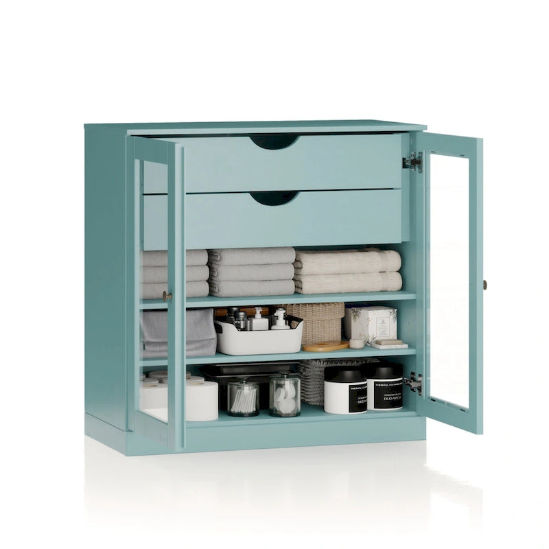 Mobile da bagno in legno massello da 32" — Ante in vetro trasparente, 2 cassetti e ripiani regolabili, colori multipli