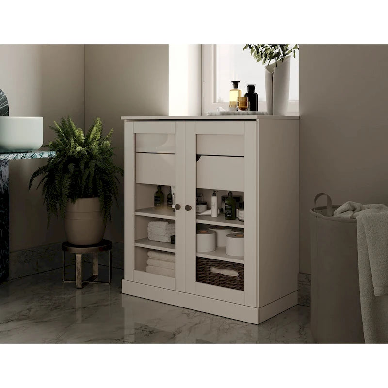 Mobile da bagno in legno massello da 32" — Ante in vetro trasparente, 2 cassetti e ripiani regolabili, colori multipli