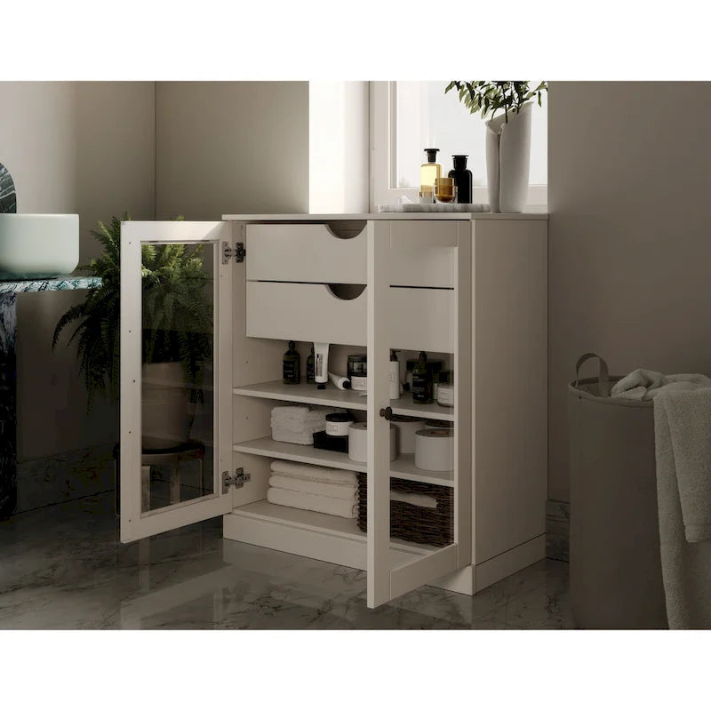 Mobile da bagno in legno massello da 32" — Ante in vetro trasparente, 2 cassetti e ripiani regolabili, colori multipli