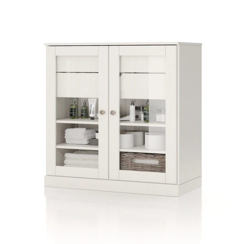 Mobile da bagno in legno massello da 32" — Ante in vetro trasparente, 2 cassetti e ripiani regolabili, colori multipli