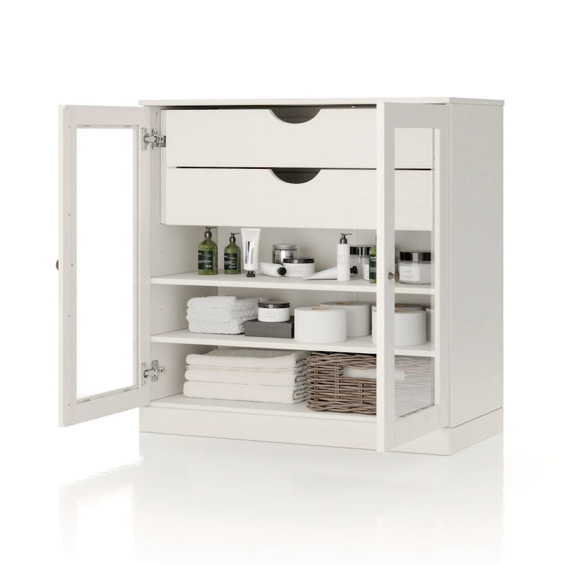 Mobile da bagno in legno massello da 32" — Ante in vetro trasparente, 2 cassetti e ripiani regolabili, colori multipli