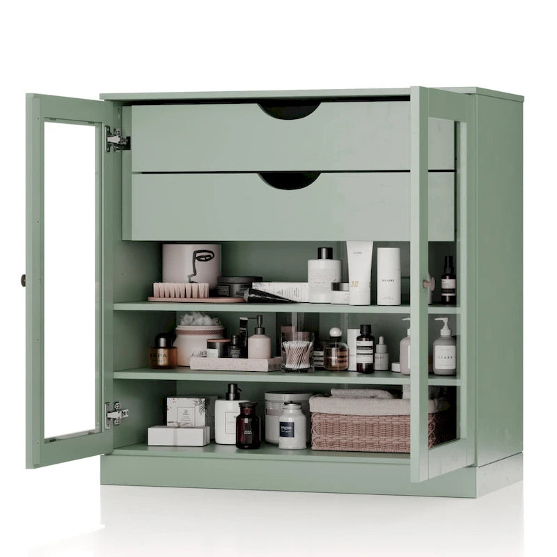 Mobile da bagno in legno massello da 32" — Ante in vetro trasparente, 2 cassetti e ripiani regolabili, colori multipli