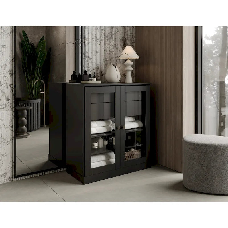 Mobile da bagno in legno massello da 32" — Ante in vetro trasparente, 2 cassetti e ripiani regolabili, colori multipli