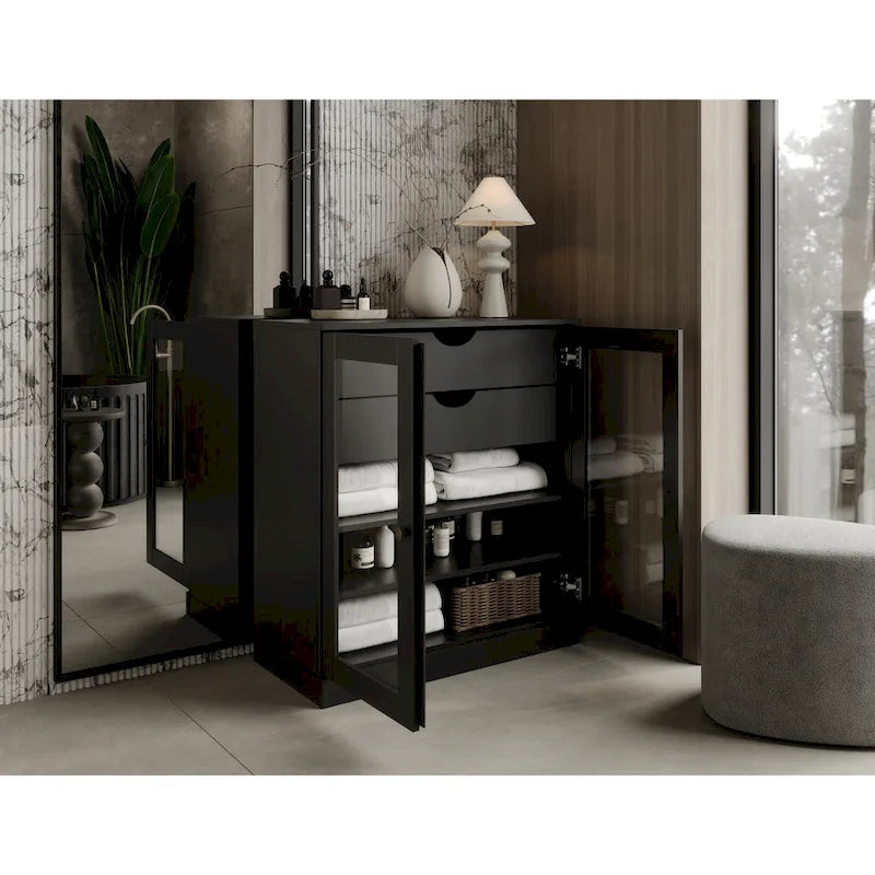 Mobile da bagno in legno massello da 32" — Ante in vetro trasparente, 2 cassetti e ripiani regolabili, colori multipli