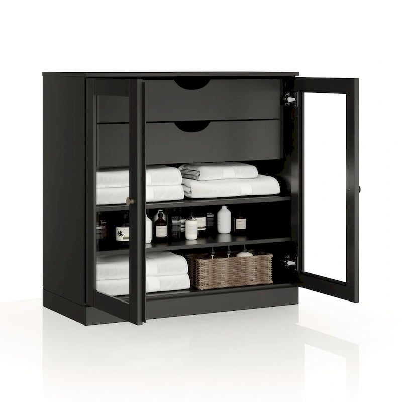 Mobile da bagno in legno massello da 32" — Ante in vetro trasparente, 2 cassetti e ripiani regolabili, colori multipli