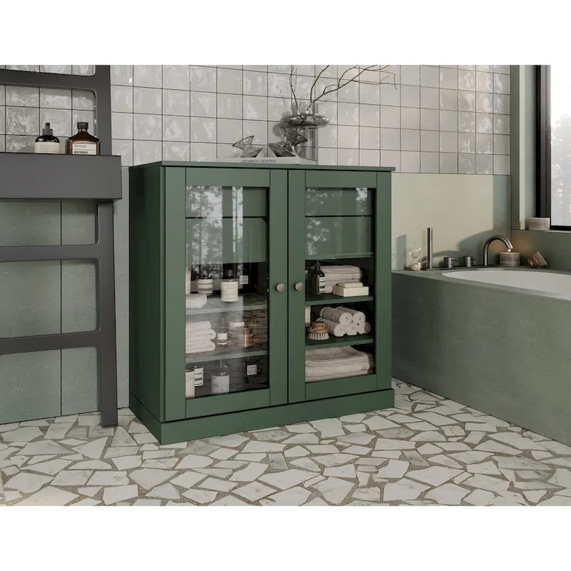 Mobile da bagno in legno massello da 32" — Ante in vetro trasparente, 2 cassetti e ripiani regolabili, colori multipli