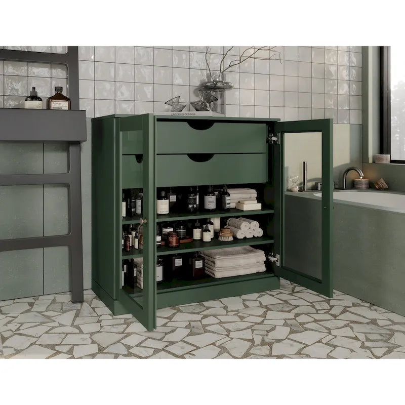 Mobile da bagno in legno massello da 32" — Ante in vetro trasparente, 2 cassetti e ripiani regolabili, colori multipli