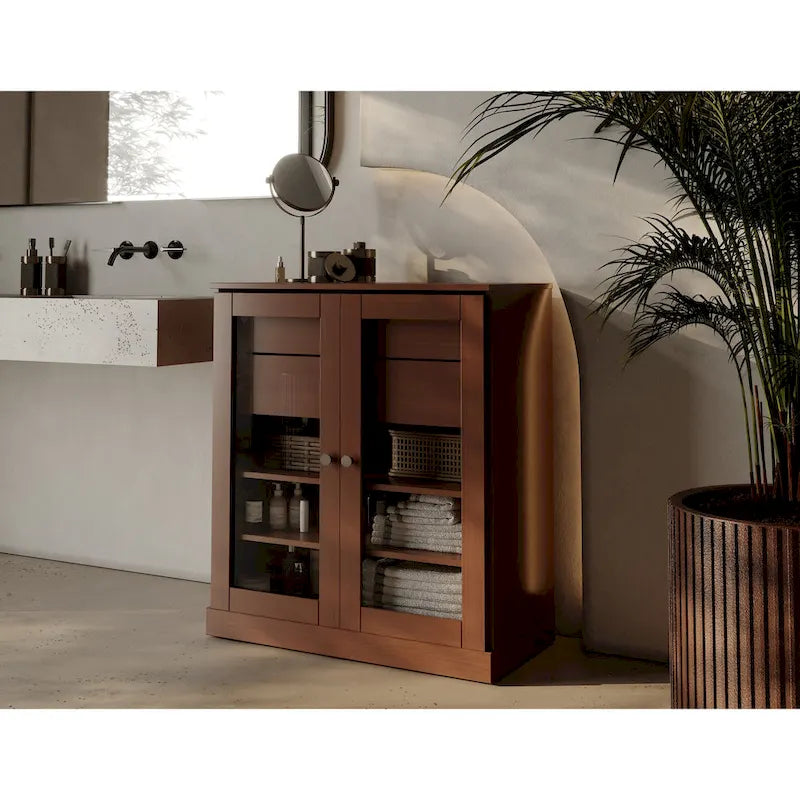 Mobile da bagno in legno massello da 32" — Ante in vetro trasparente, 2 cassetti e ripiani regolabili, colori multipli