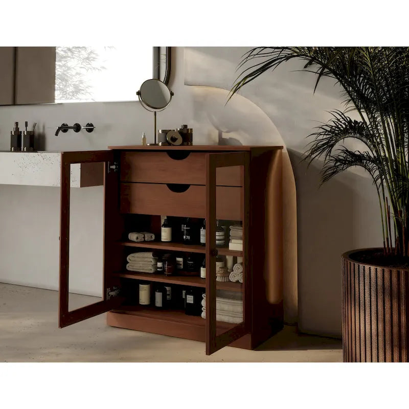 Mobile da bagno in legno massello da 32" — Ante in vetro trasparente, 2 cassetti e ripiani regolabili, colori multipli