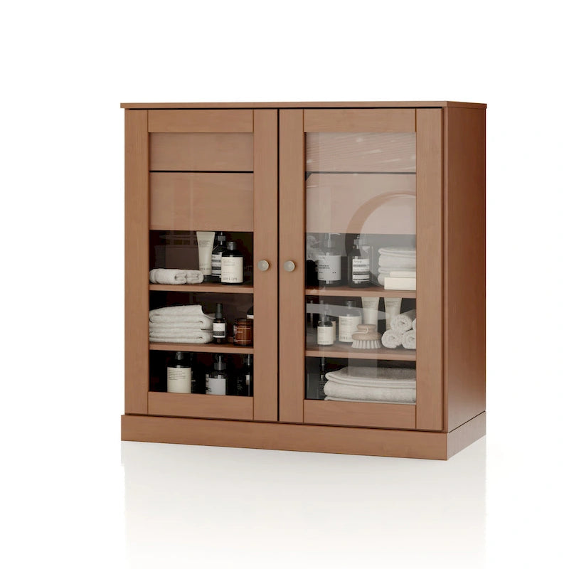 Mobile da bagno in legno massello da 32" — Ante in vetro trasparente, 2 cassetti e ripiani regolabili, colori multipli