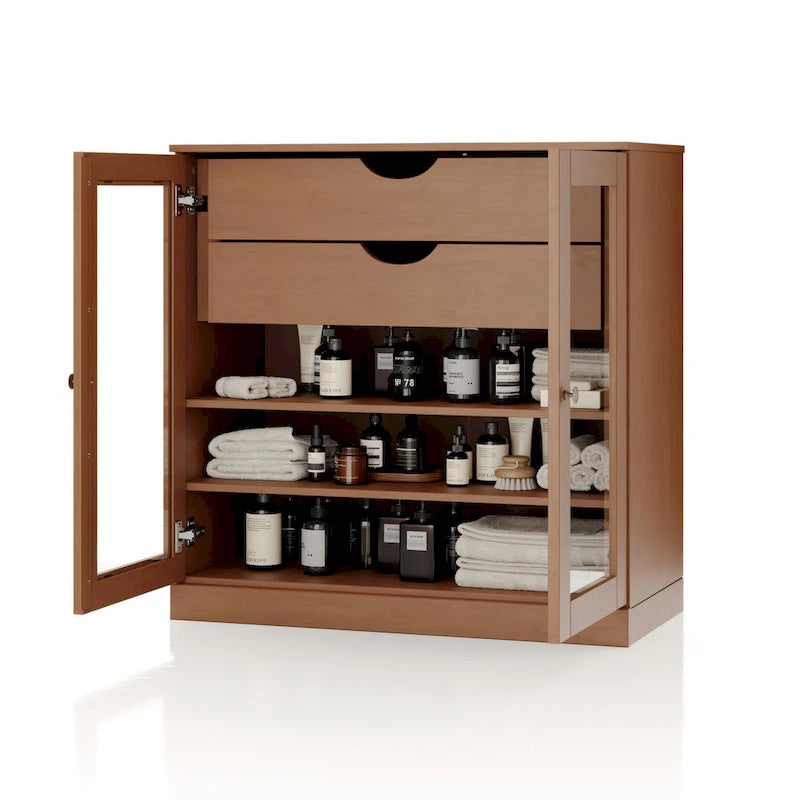 Mobile da bagno in legno massello da 32" — Ante in vetro trasparente, 2 cassetti e ripiani regolabili, colori multipli