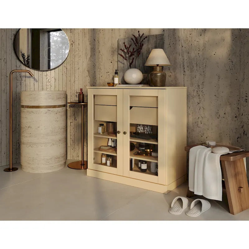 Mobile da bagno in legno massello da 32" — Ante in vetro trasparente, 2 cassetti e ripiani regolabili, colori multipli