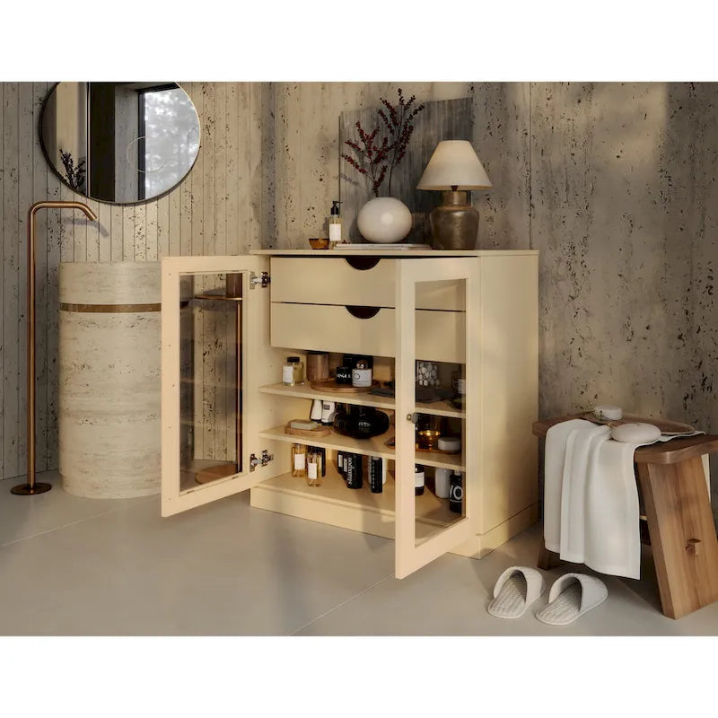 Mobile da bagno in legno massello da 32" — Ante in vetro trasparente, 2 cassetti e ripiani regolabili, colori multipli