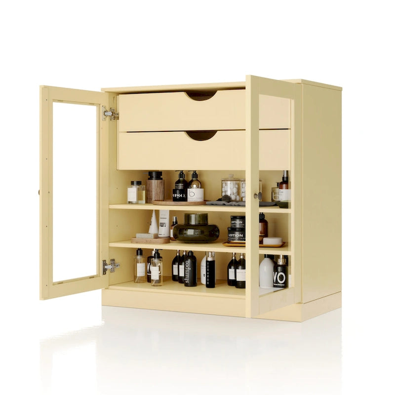 Mobile da bagno in legno massello da 32" — Ante in vetro trasparente, 2 cassetti e ripiani regolabili, colori multipli