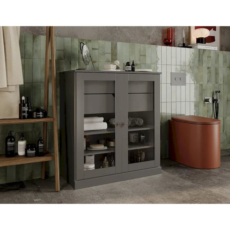 Mobile da bagno in legno massello da 32" — Ante in vetro trasparente, 2 cassetti e ripiani regolabili, colori multipli