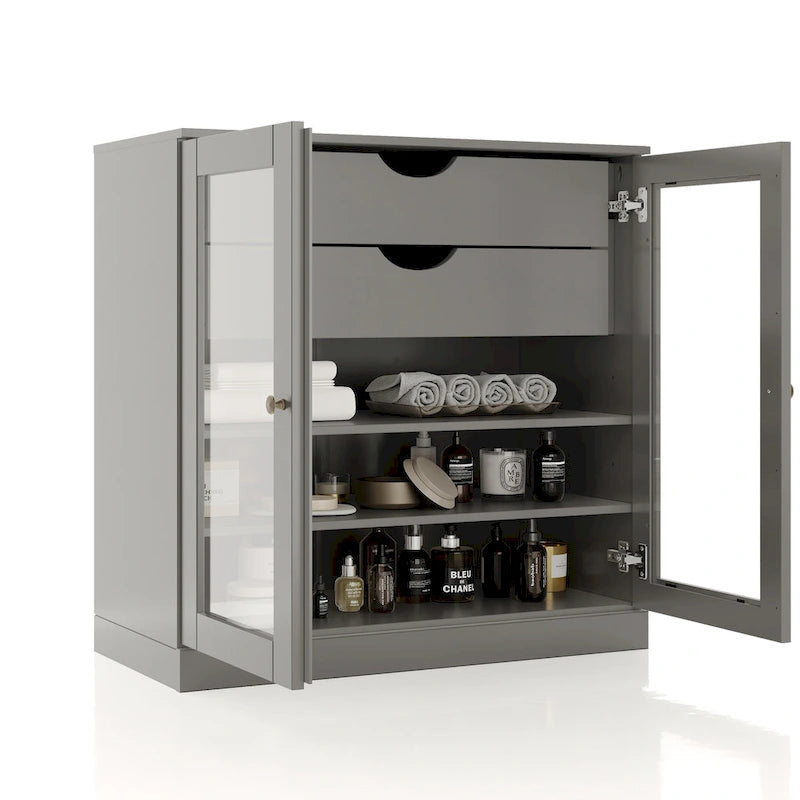 Mobile da bagno in legno massello da 32" — Ante in vetro trasparente, 2 cassetti e ripiani regolabili, colori multipli