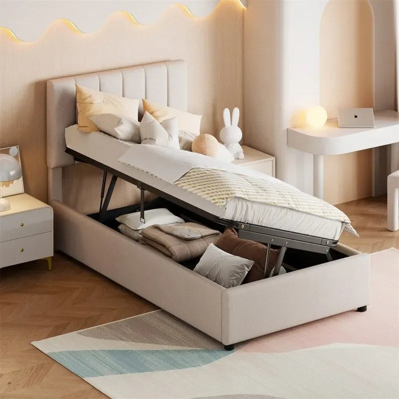 Letto imbottito beige/grigio con contenitore idraulico – Piazza singola/Matrimoniale, 2 persone