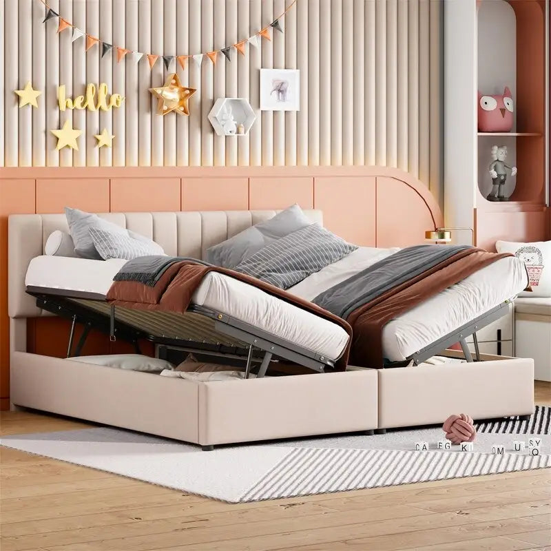 Letto imbottito beige/grigio con contenitore idraulico – Piazza singola/Matrimoniale, 2 persone