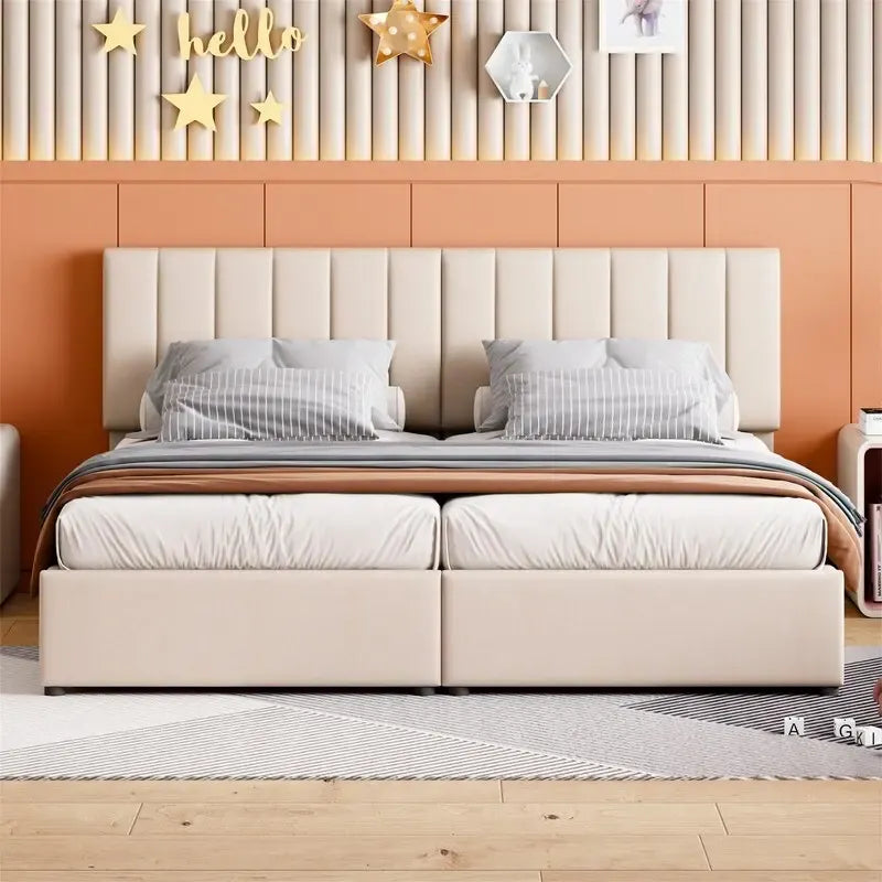Letto imbottito beige/grigio con contenitore idraulico – Piazza singola/Matrimoniale, 2 persone