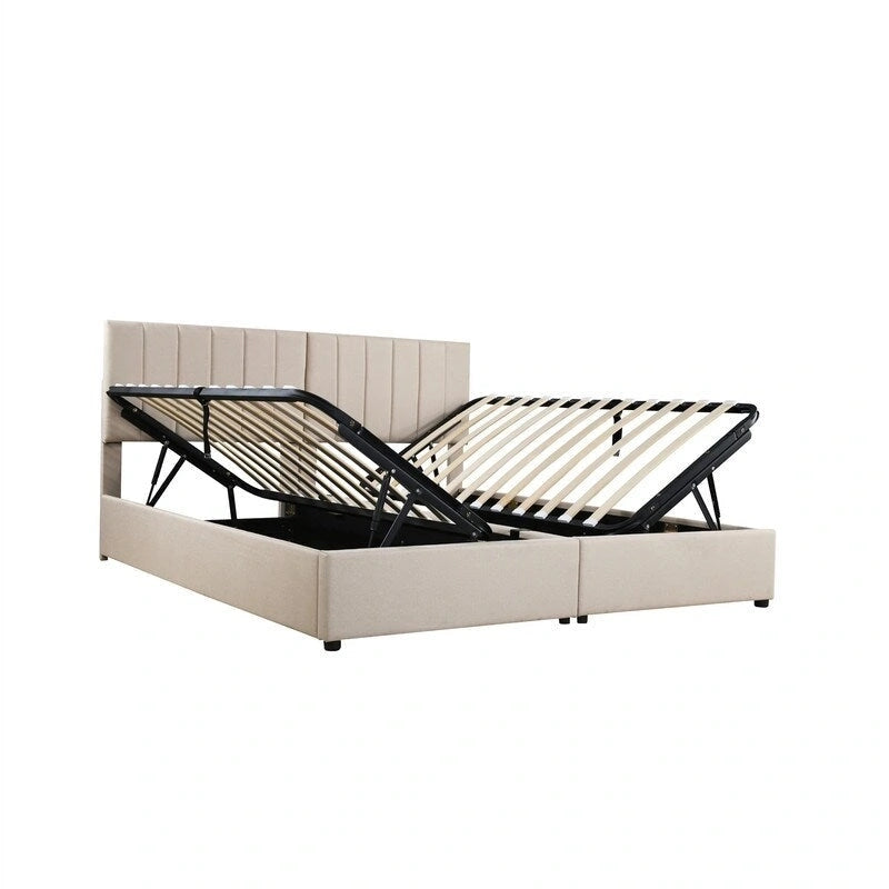 Letto imbottito beige/grigio con contenitore idraulico – Piazza singola/Matrimoniale, 2 persone