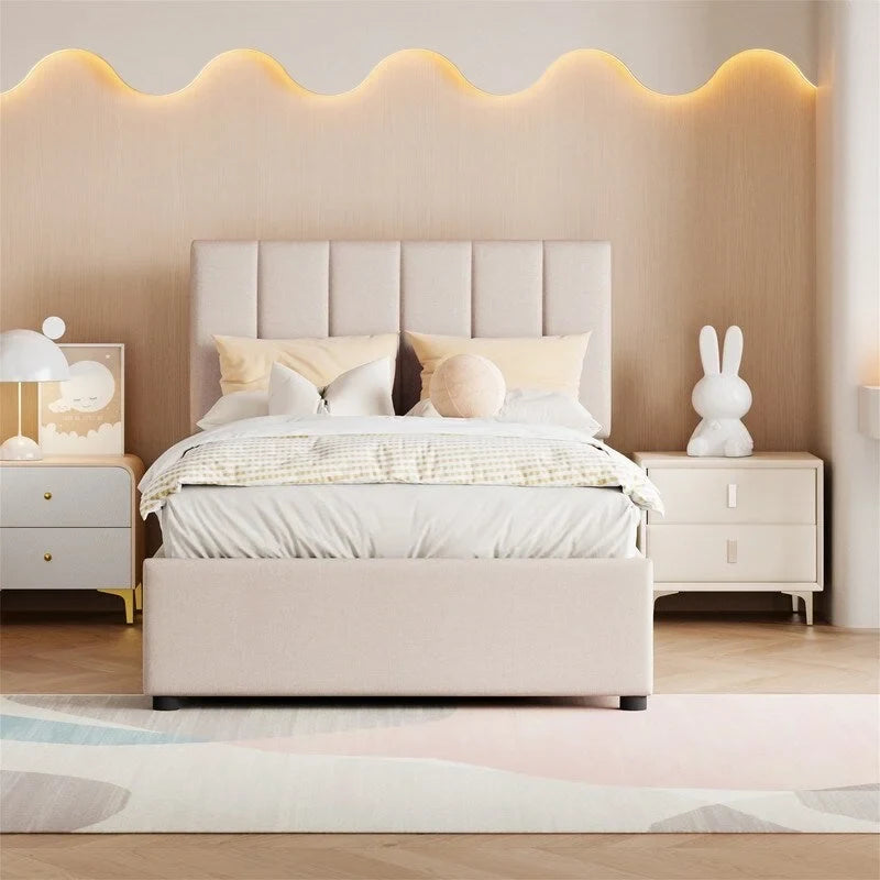 Letto imbottito beige/grigio con contenitore idraulico – Piazza singola/Matrimoniale, 2 persone