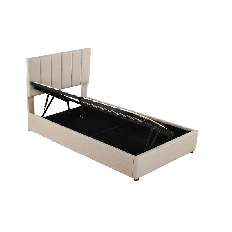 Letto imbottito beige/grigio con contenitore idraulico – Piazza singola/Matrimoniale, 2 persone