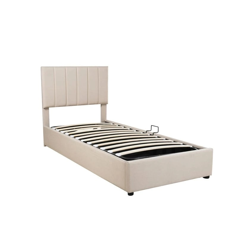 Letto imbottito beige/grigio con contenitore idraulico – Piazza singola/Matrimoniale, 2 persone