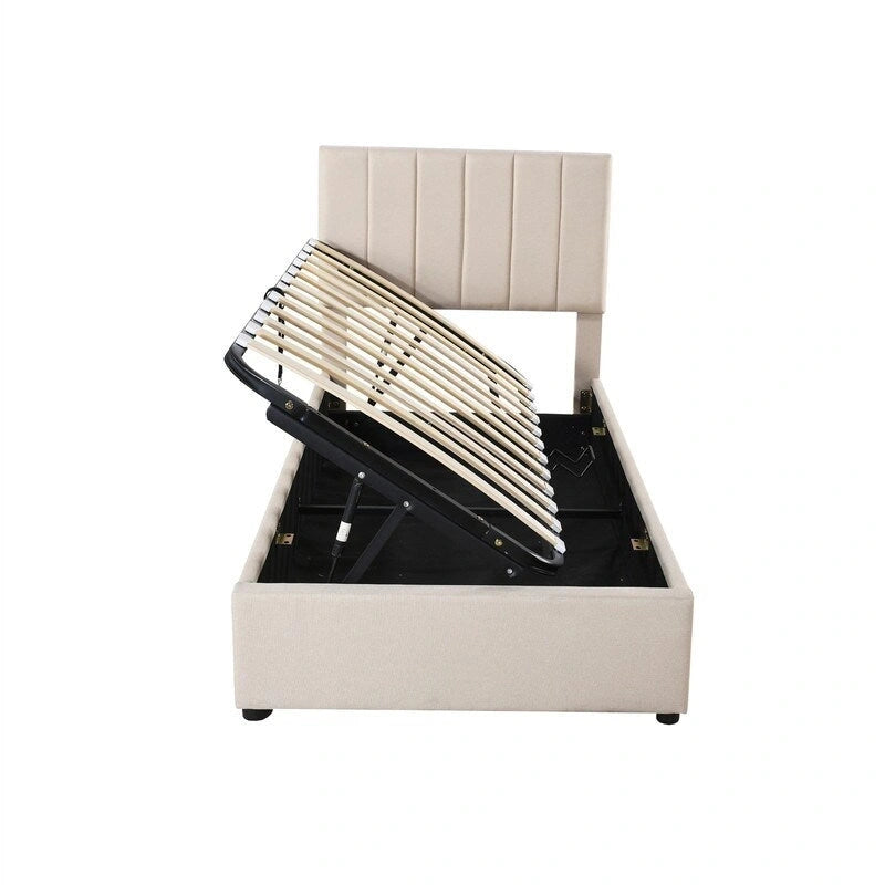 Letto imbottito beige/grigio con contenitore idraulico – Piazza singola/Matrimoniale, 2 persone