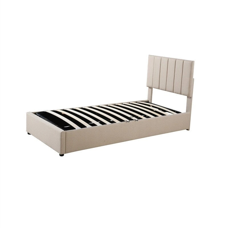 Letto imbottito beige/grigio con contenitore idraulico – Piazza singola/Matrimoniale, 2 persone