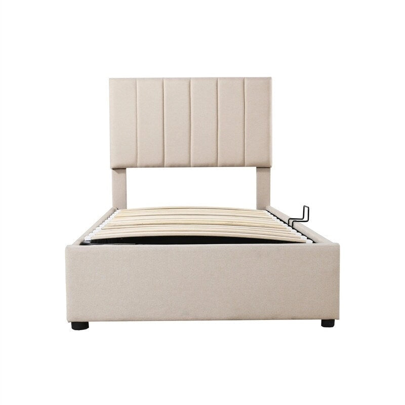 Letto imbottito beige/grigio con contenitore idraulico – Piazza singola/Matrimoniale, 2 persone