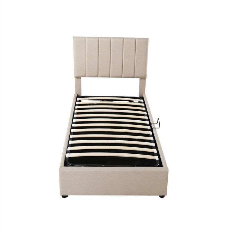 Letto imbottito beige/grigio con contenitore idraulico – Piazza singola/Matrimoniale, 2 persone