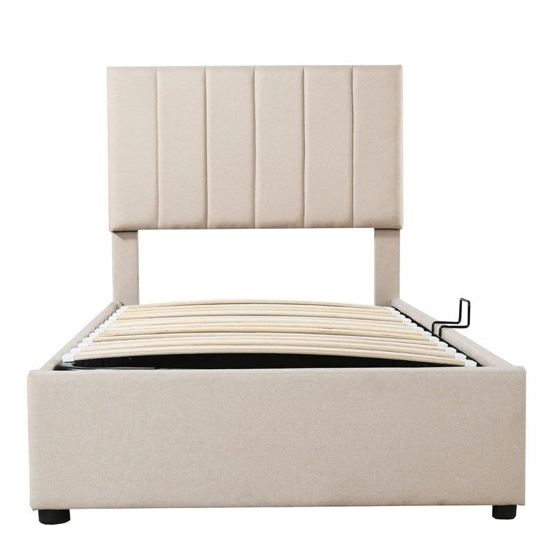 Letto imbottito beige/grigio con contenitore idraulico – Piazza singola/Matrimoniale, 2 persone