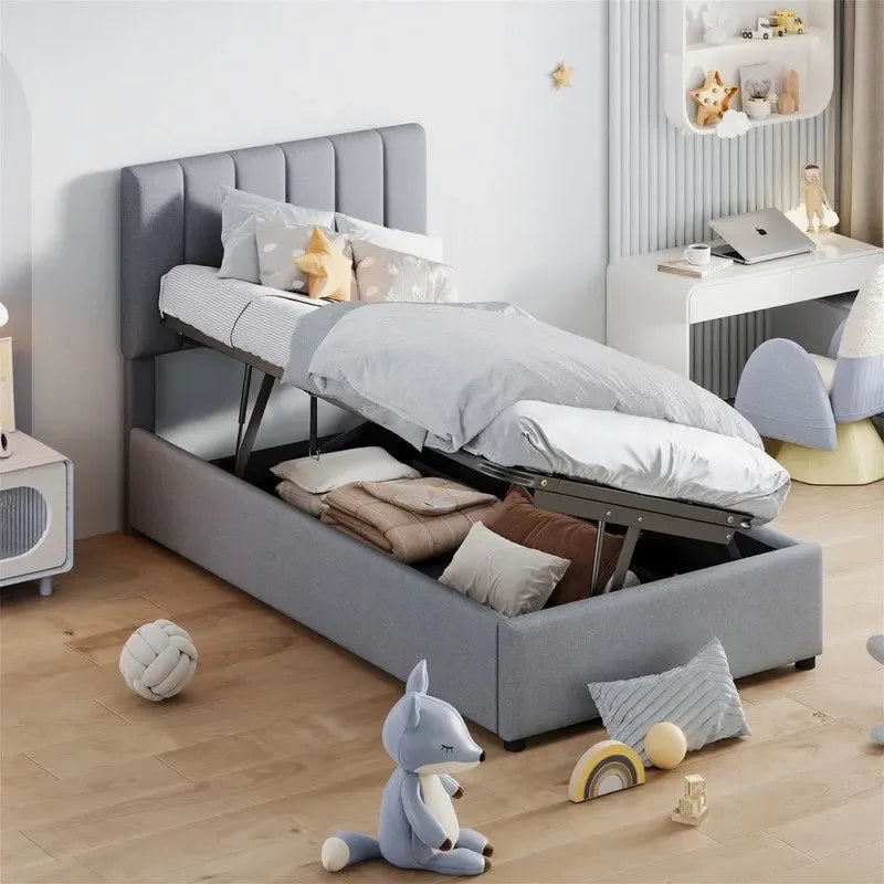 Letto imbottito beige/grigio con contenitore idraulico – Piazza singola/Matrimoniale, 2 persone
