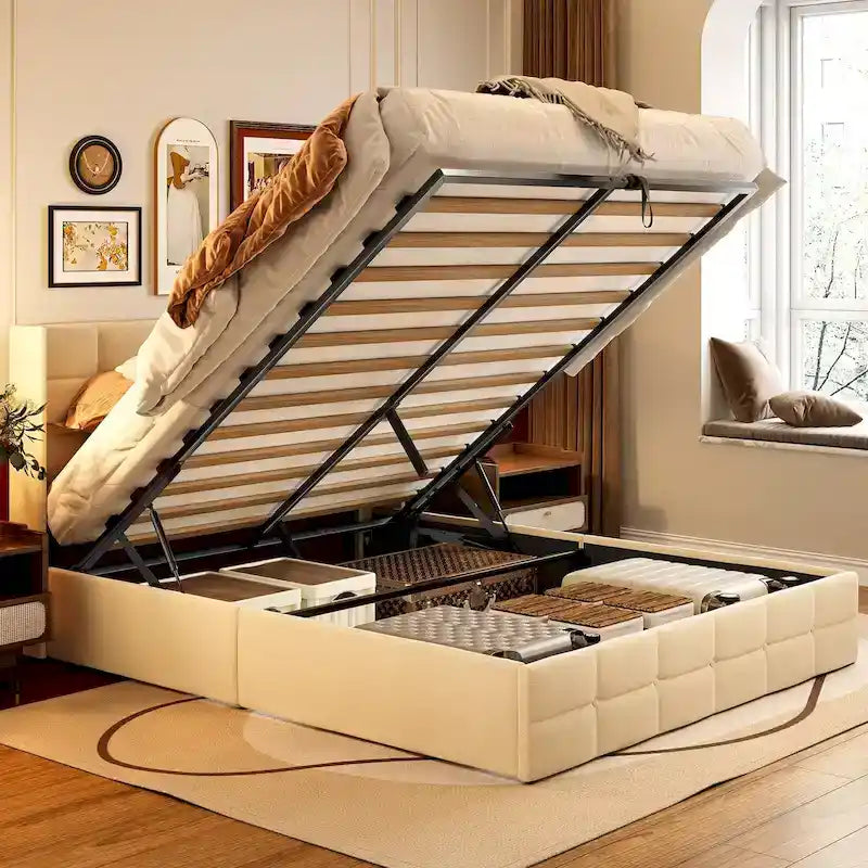 Struttura letto contenitore con testiera ad ali, beige/grigio – Matrimoniale alla francese/matrimoniale, 2 persone