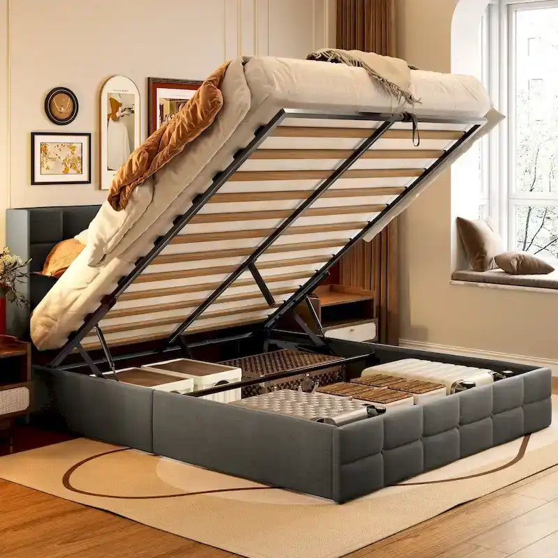 Struttura letto contenitore con testiera ad ali, beige/grigio – Matrimoniale alla francese/matrimoniale, 2 persone