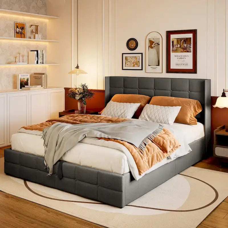 Struttura letto contenitore con testiera ad ali, beige/grigio – Matrimoniale alla francese/matrimoniale, 2 persone