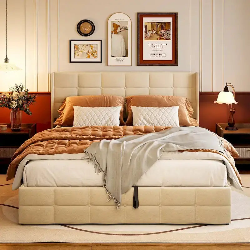 Struttura letto contenitore con testiera ad ali, beige/grigio – Matrimoniale alla francese/matrimoniale, 2 persone