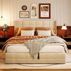 Struttura letto contenitore con testiera ad ali, beige/grigio – Matrimoniale alla francese/matrimoniale, 2 persone