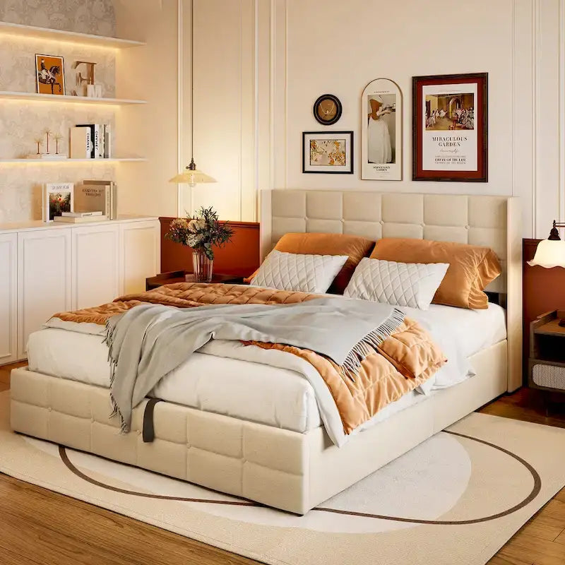 Struttura letto contenitore con testiera ad ali, beige/grigio – Matrimoniale alla francese/matrimoniale, 2 persone