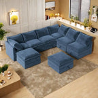 Divano sezionale modulare da 8 pezzi blu/grigio/beige con contenitore, cuscini a doppio strato