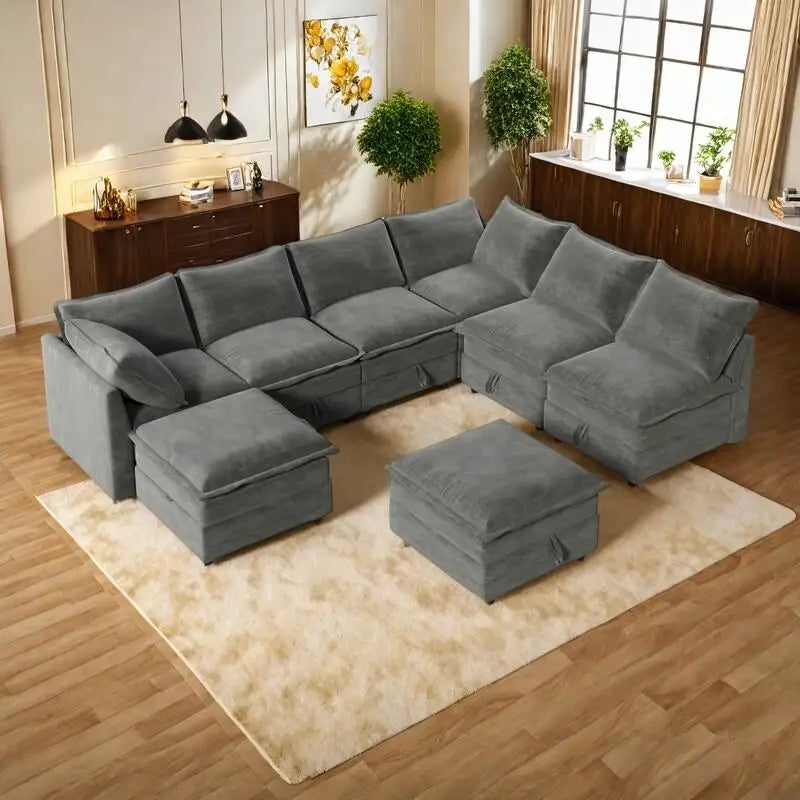 Divano sezionale modulare da 8 pezzi blu/grigio/beige con contenitore, cuscini a doppio strato