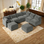 Divano sezionale modulare da 8 pezzi blu/grigio/beige con contenitore, cuscini a doppio strato